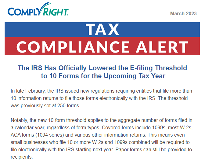 Tax Compliance Alert IRS drops efiling threshold for 2023 tax year